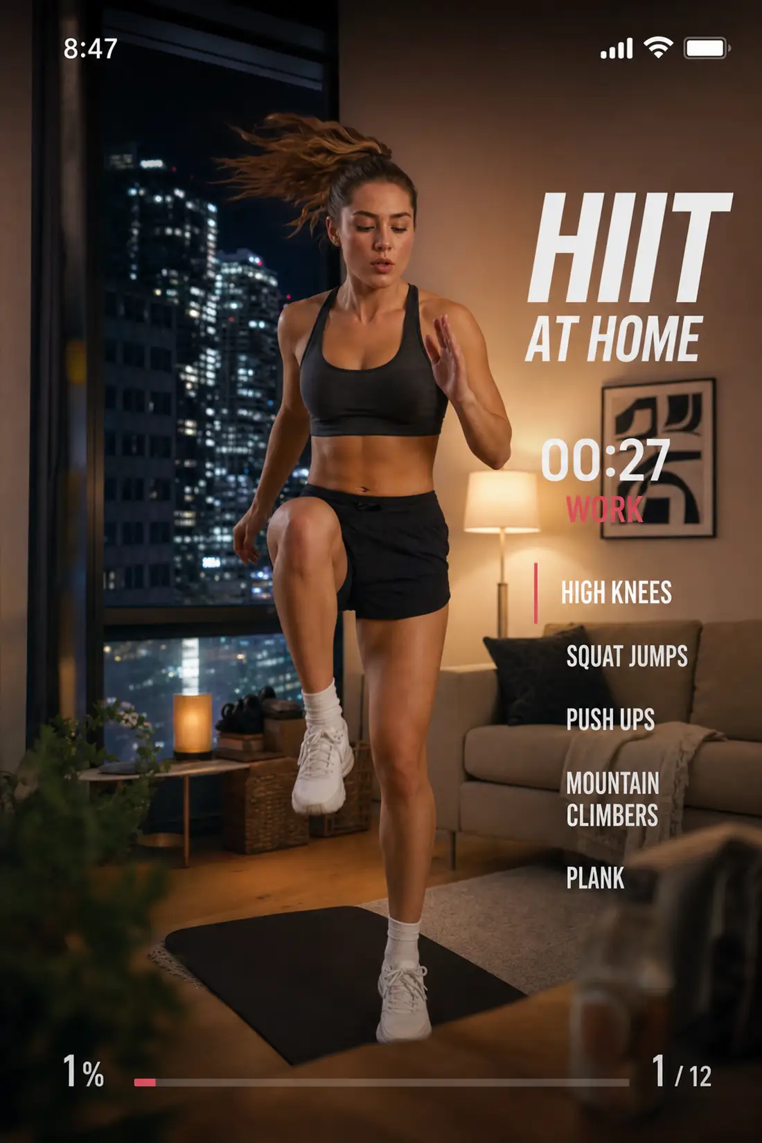 Reel: mulher fazendo HIIT na sala de apartamento
